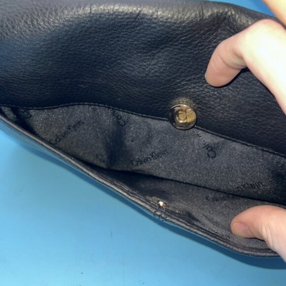 Calvin Klein Black Leather "Gold" Purse Good Condition With Lock Hardware, Strap - Picture 6 of 11